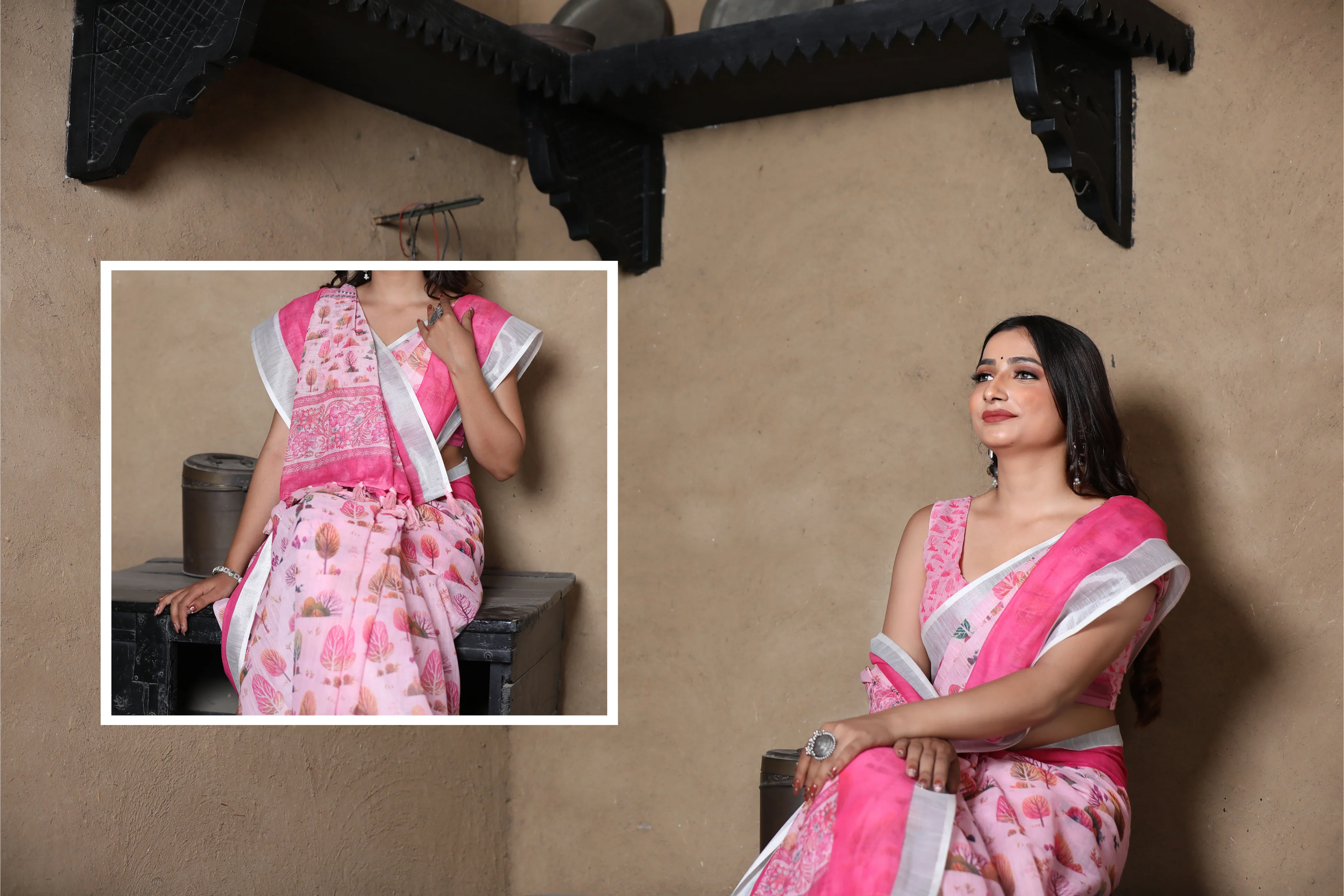 SHYAMIKA Linen Cotton Digital Floral Printed Saree with Blouse