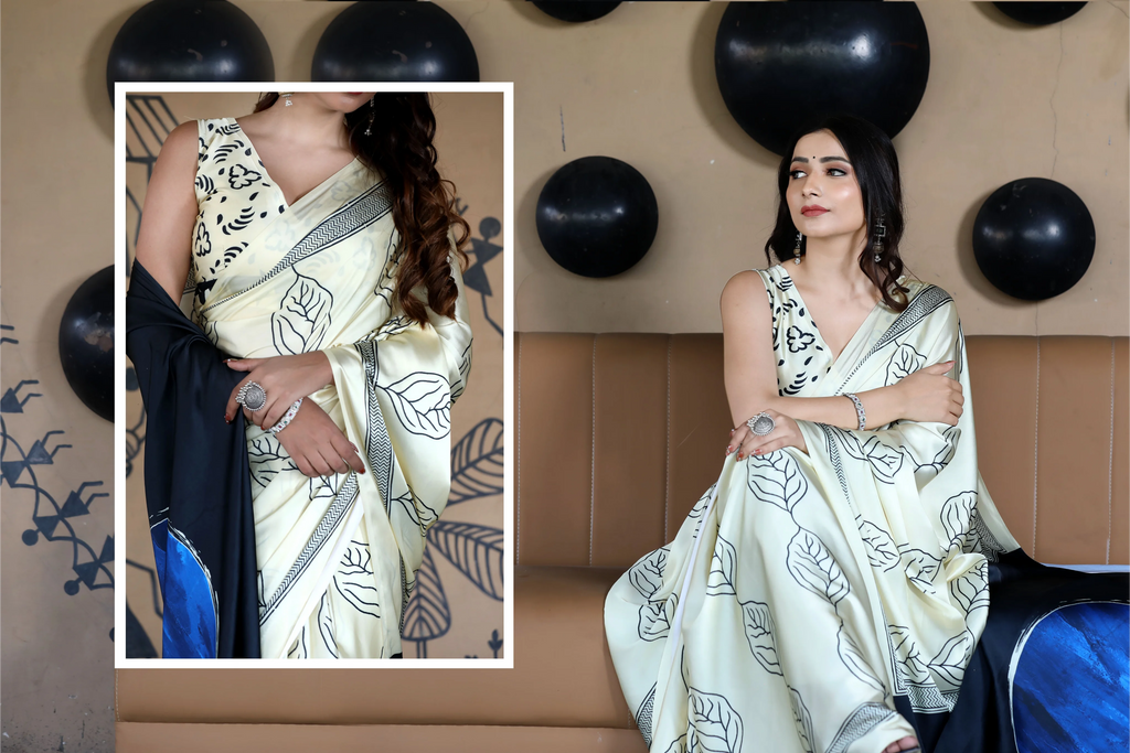 SHYAMIKA Maslin Digital Leaf Print Saree with Blouse