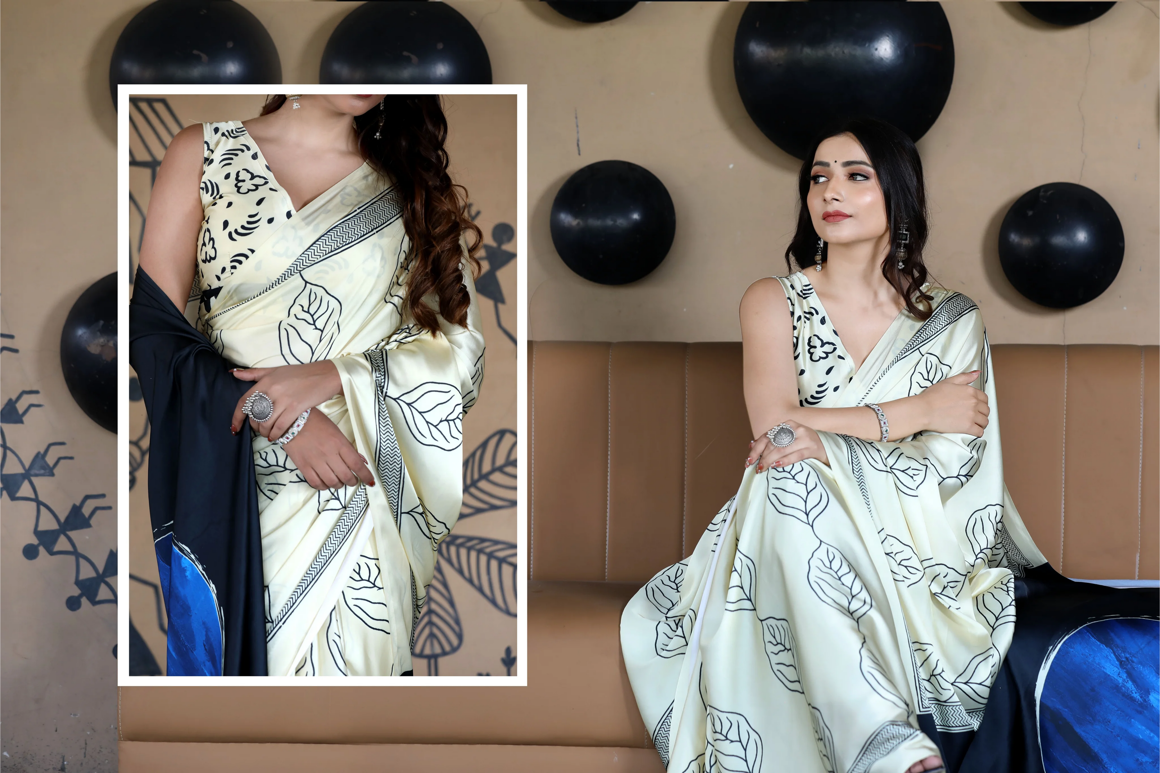 SHYAMIKA Maslin Digital Leaf Print Saree with Blouse