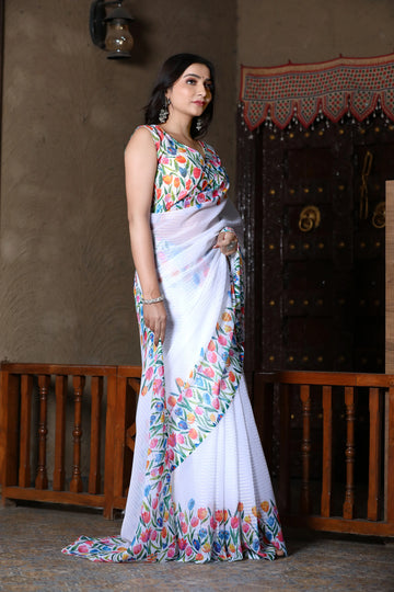 SHYAMIKA Linen Cotton Multicolor Floral Digital Printed Saree with Blouse