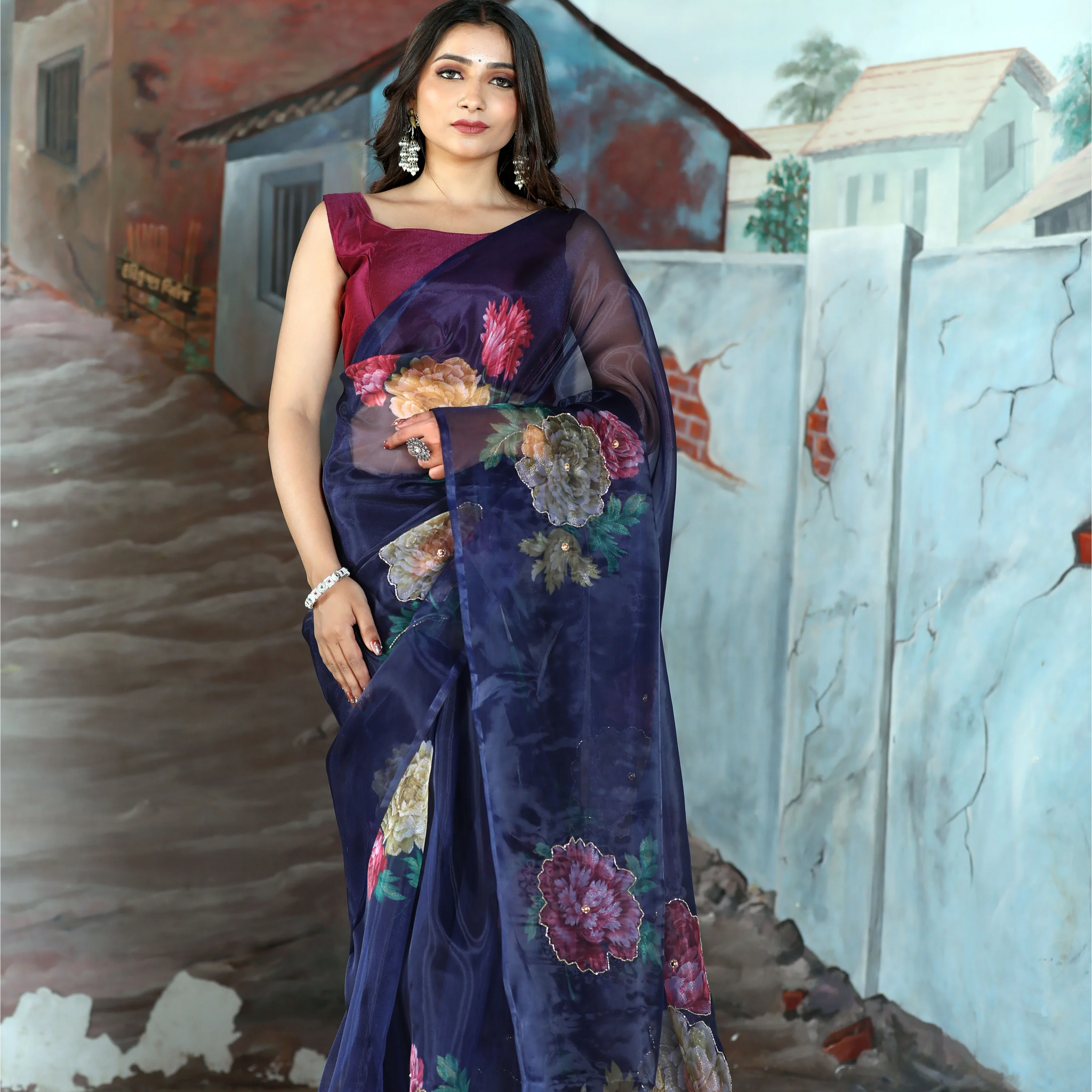 SHYAMIKA Linen Cotton Floral Digital Printed Blue Saree with Blouse