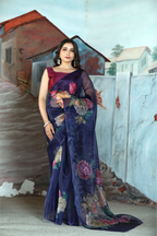 SHYAMIKA Linen Cotton Floral Digital Printed Blue Saree with Blouse