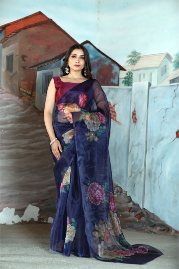 SHYAMIKA Linen Cotton Floral Digital Printed Blue Saree with Blouse