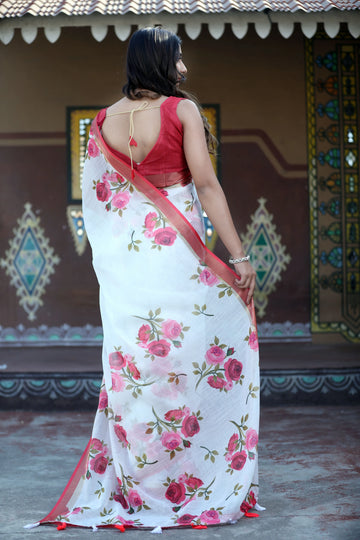 SHYAMIKA Khadi Cotton Digital Print Floral Saree with Blouse