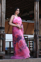 SHYAMIKA Linen Cotton Floral Digital Printed Light Pink Saree with Blouse