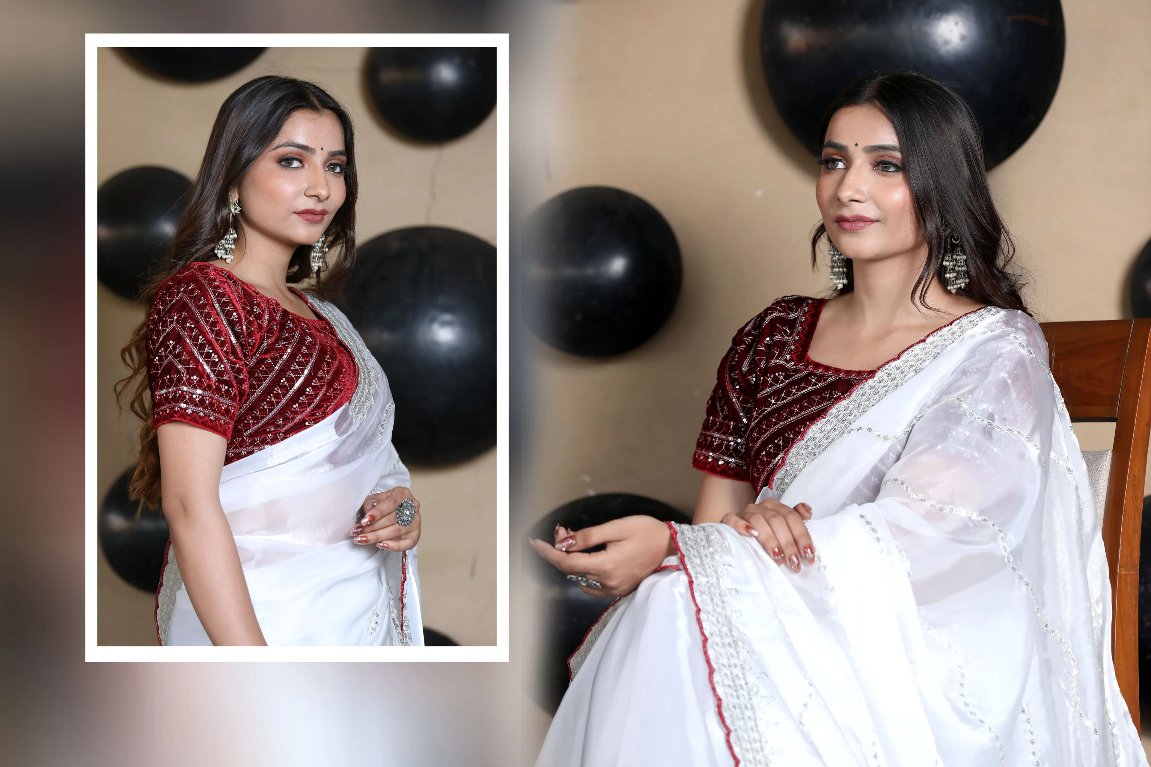 SHYAMIKA Silk Sequence Work White Saree with Blouse