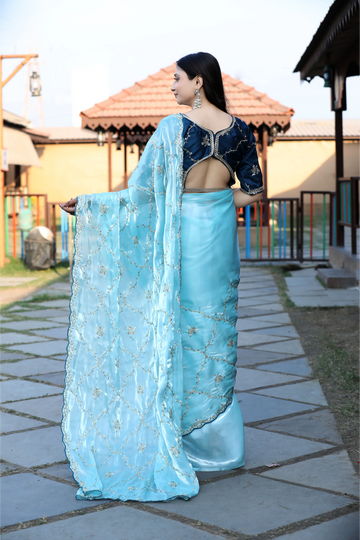 SHYAMIKA Silk Sequence Work Sky Blue Saree with Blouse