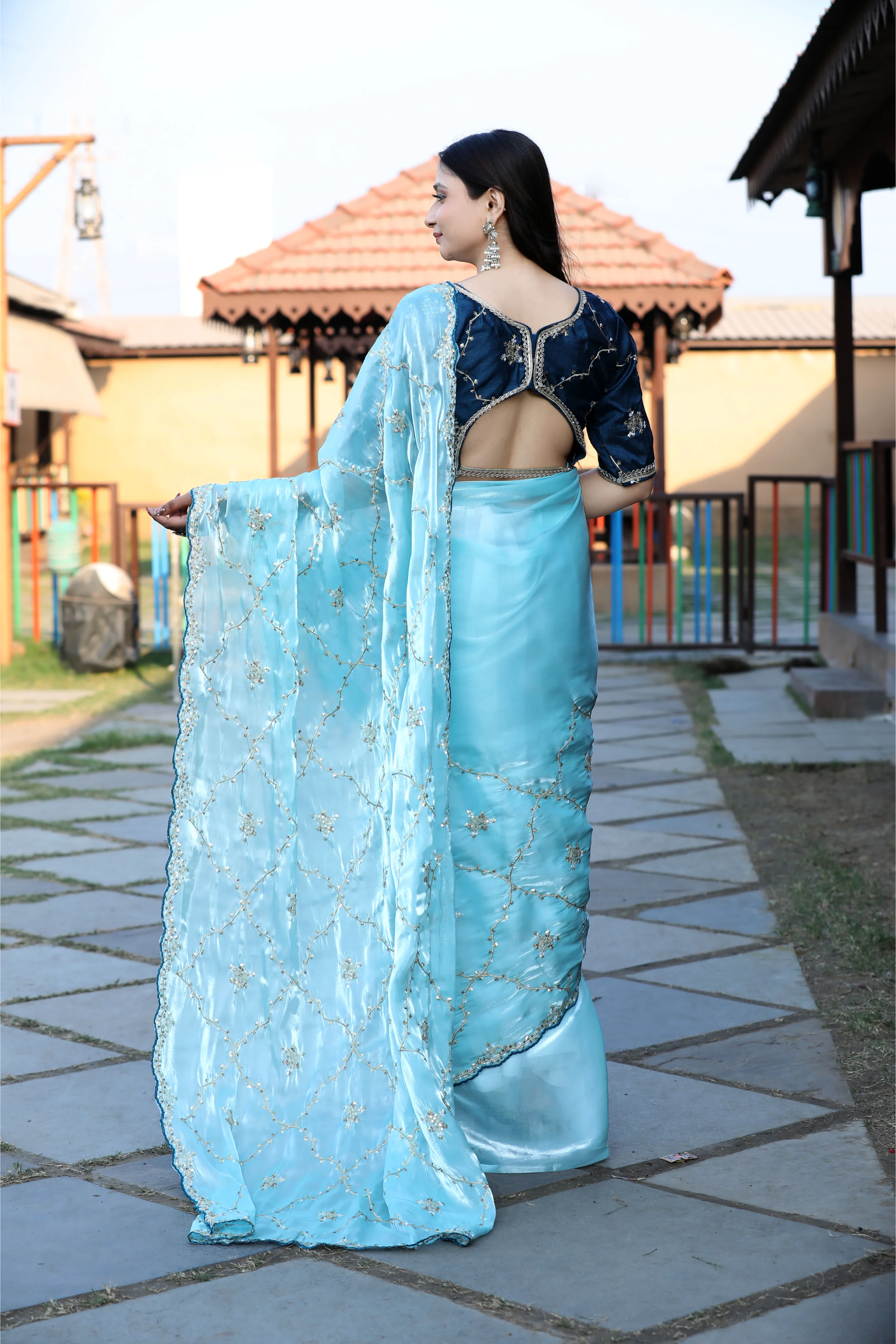 SHYAMIKA Silk Sequence Work Sky Blue Saree with Blouse