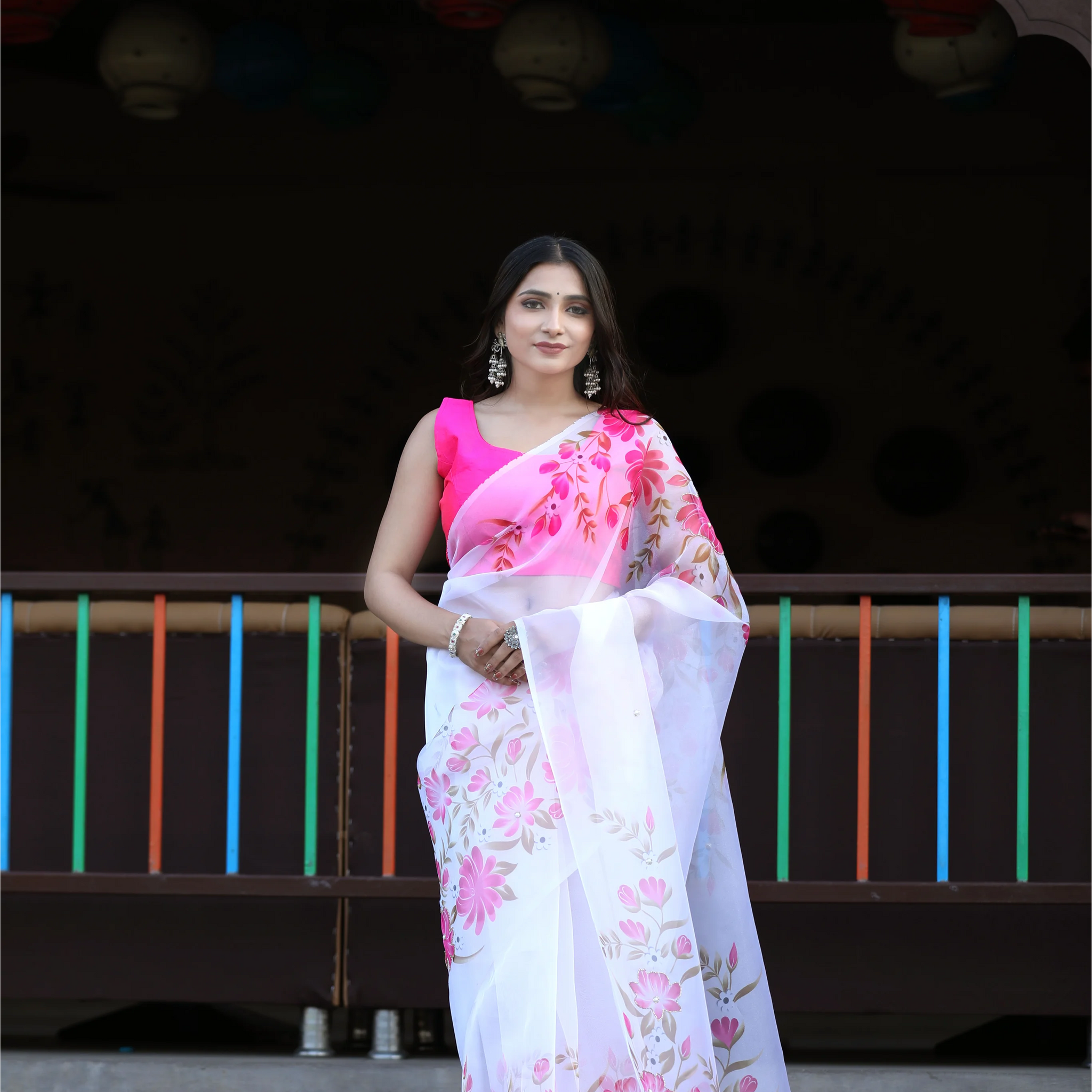 SHYAMIKA Linen Cotton Digital Floral Print Saree with Blouse
