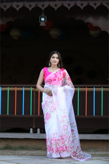 SHYAMIKA Linen Cotton Digital Floral Print Saree with Blouse