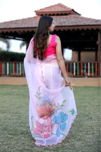 SHYAMIKA Linen Digital Flower Print white pink Saree with Blouse