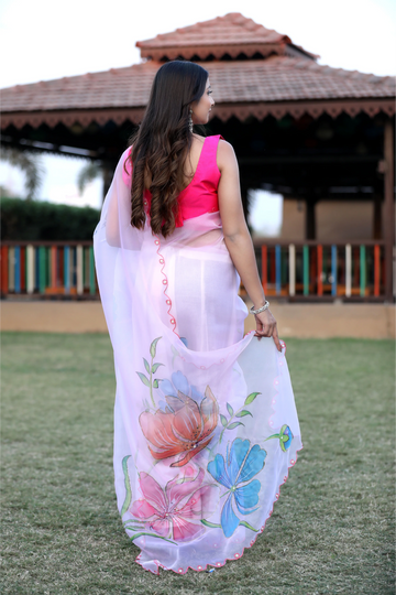 SHYAMIKA Linen Digital Flower Print white pink Saree with Blouse