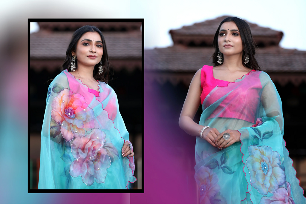 SHYAMIKA Linen Cotton Digital Floral Print Light Blue Saree with Blouse