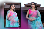 SHYAMIKA Linen Cotton Digital Floral Print Light Blue Saree with Blouse