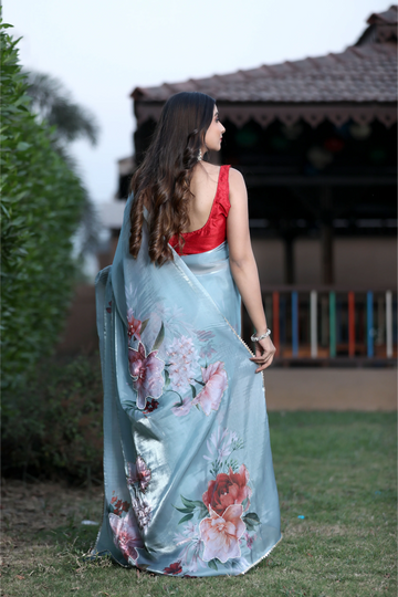 SHYAMIKA Silk Floral Lace Work Saree with Contrast Blouse