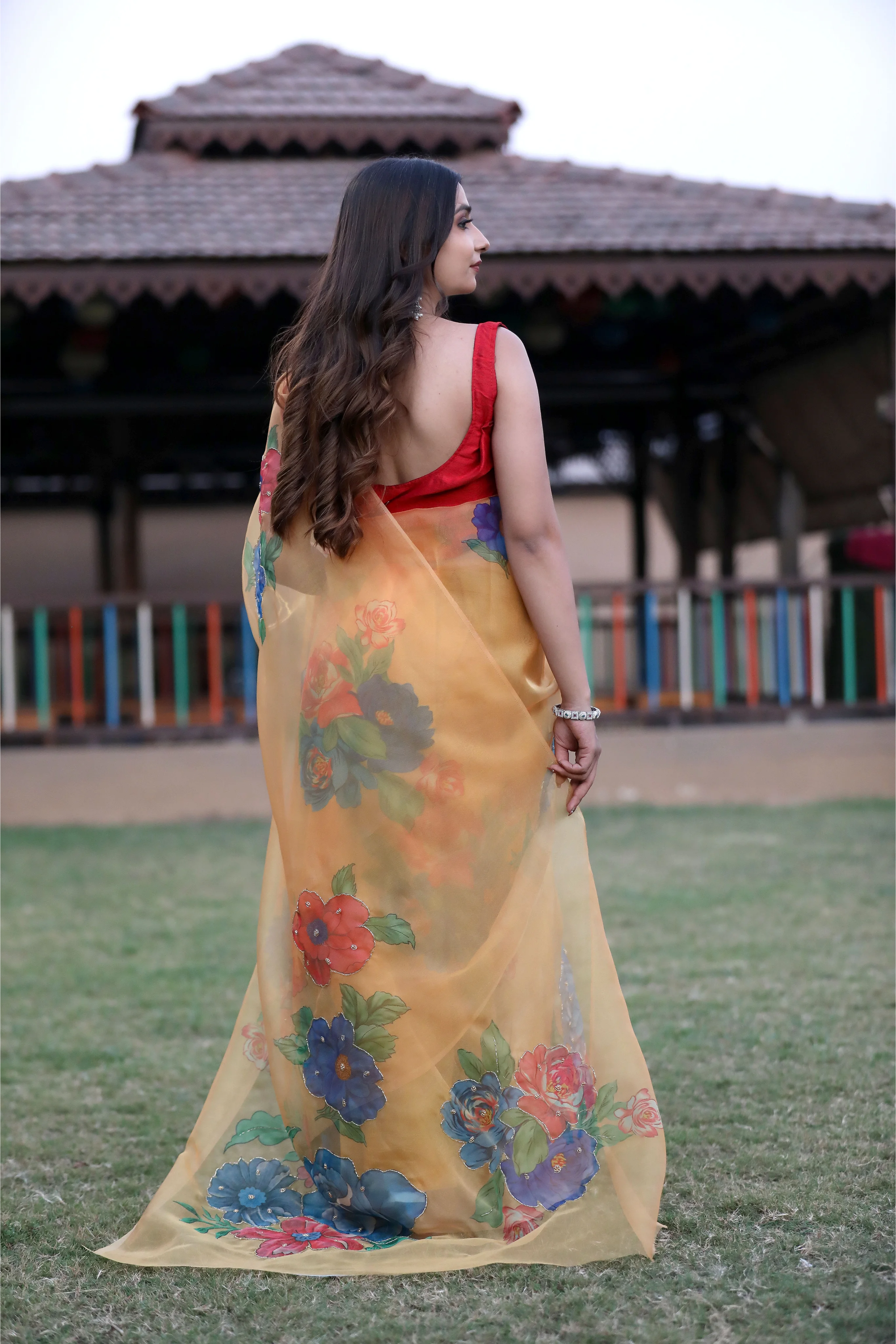SHYAMIKA Silk Floral Lace Work Orange Saree with Blouse