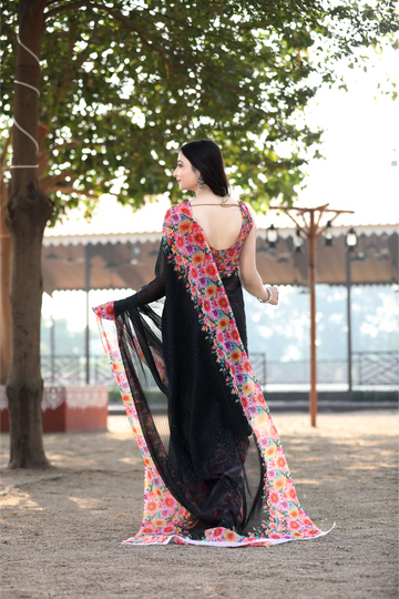 SHYAMIKA Khadi Cotton Digital Print Black Saree with Blouse