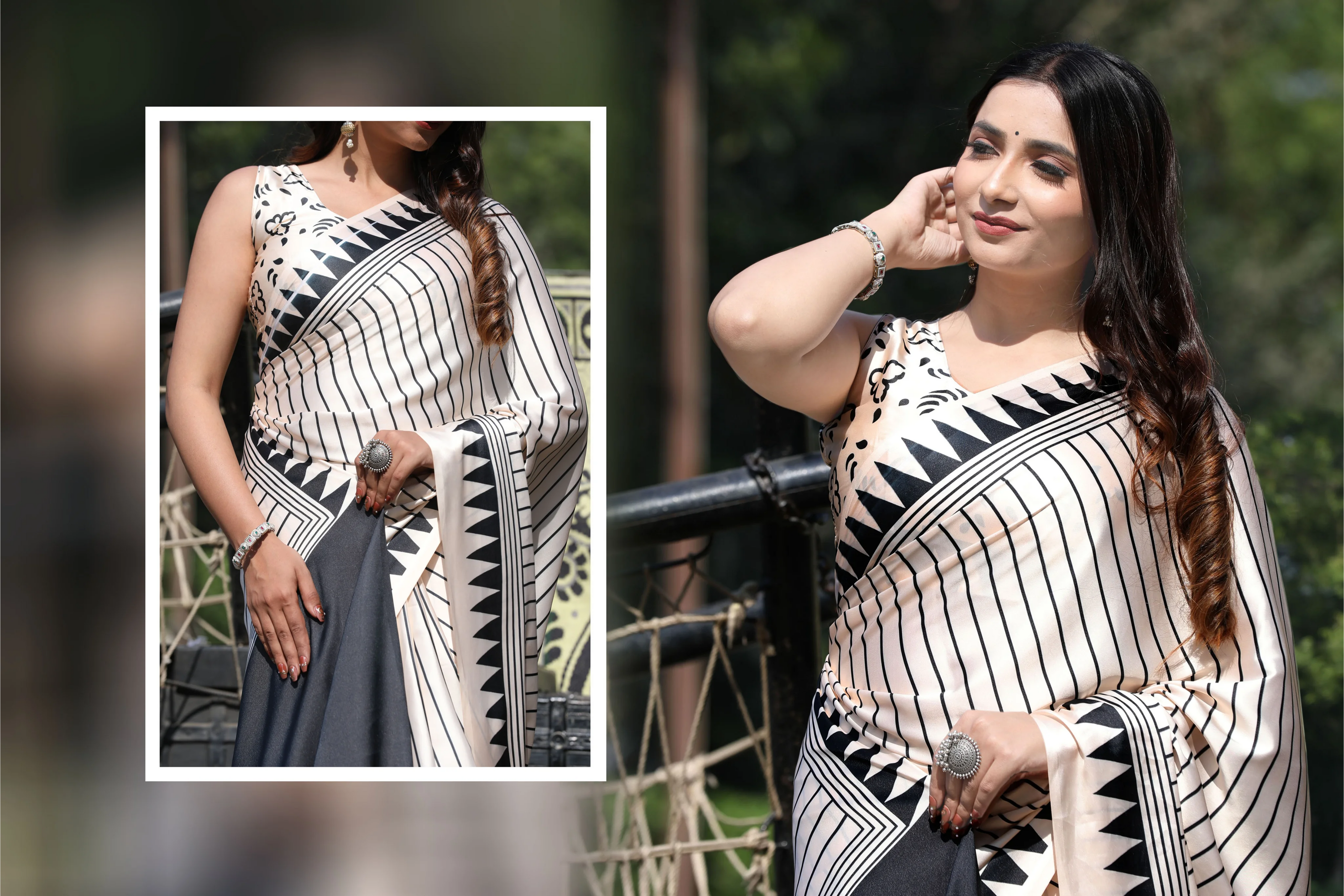 SHYAMIKA Japan Satin Digital Print Cream Saree with Blouse