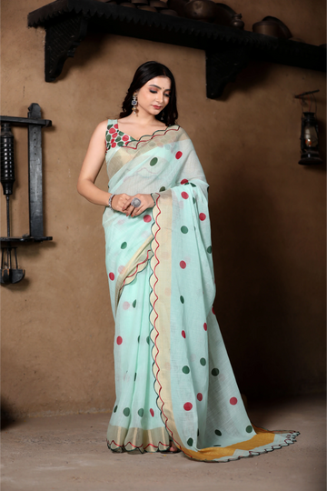 SHYAMIKA Light Blue Khadi Cotton Digital Print Saree with Blouse