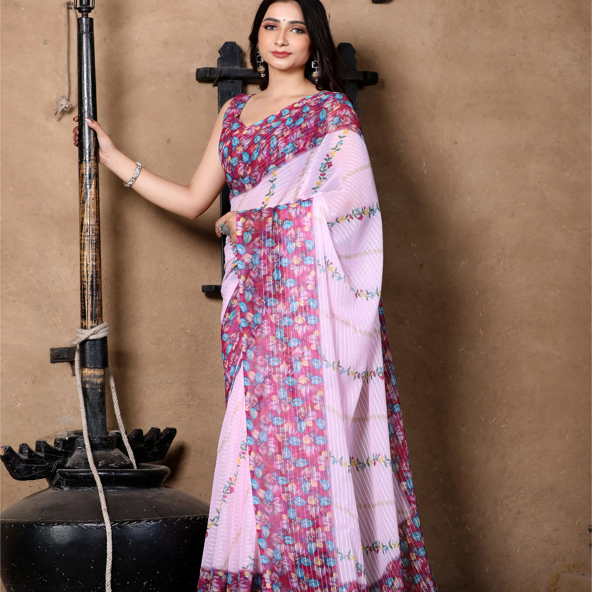 SHYAMIKA Light Pink Khadi Cotton Digital Print Saree with Blouse