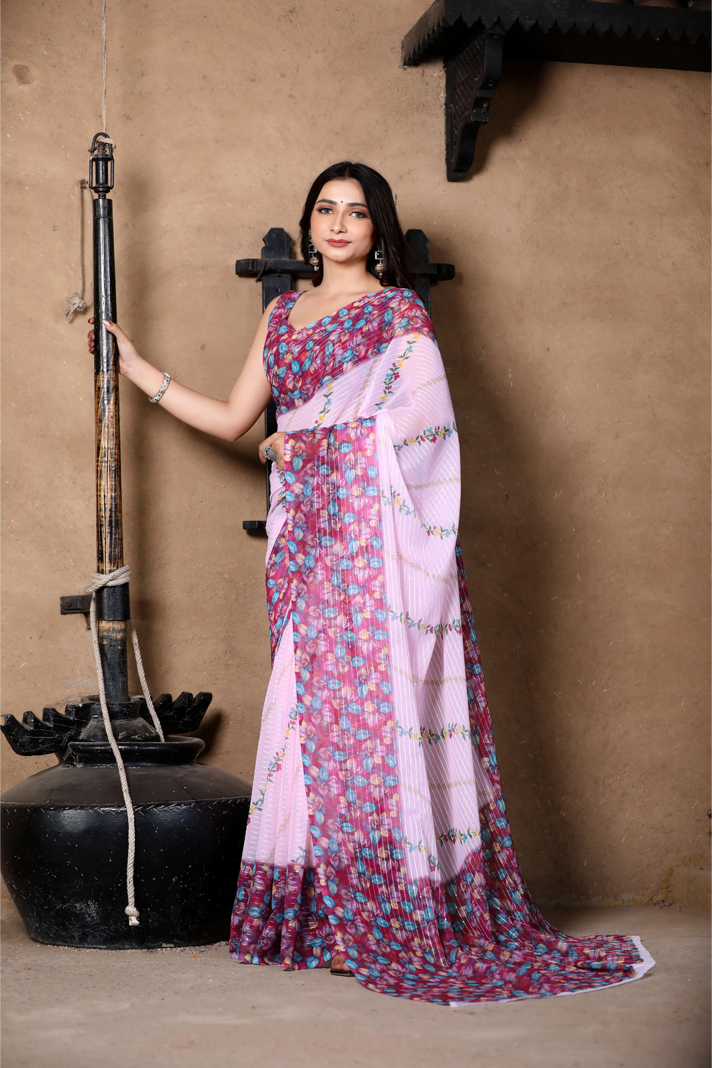 SHYAMIKA Light Pink Khadi Cotton Digital Print Saree with Blouse