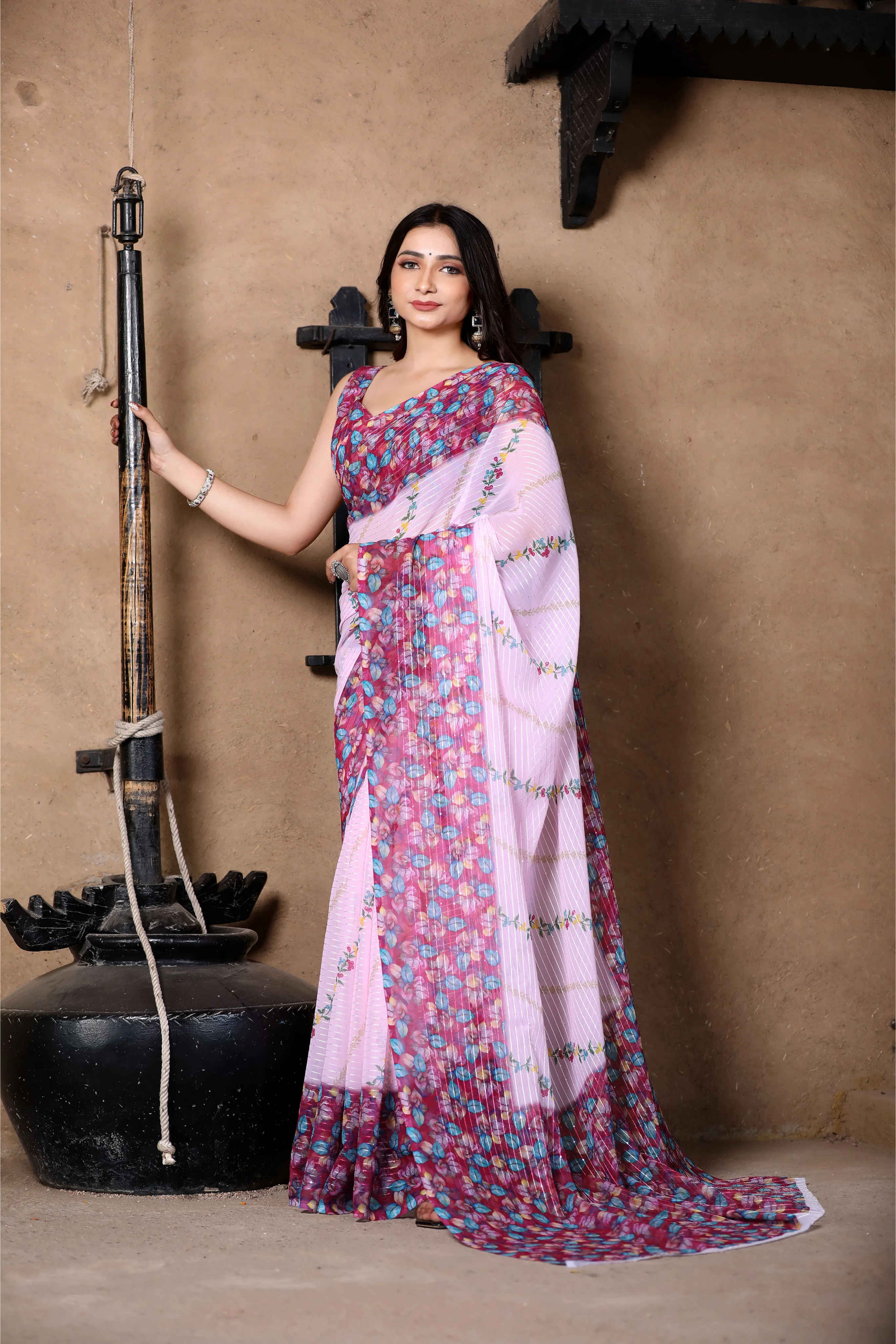 SHYAMIKA Light Pink Khadi Cotton Digital Print Saree with Blouse