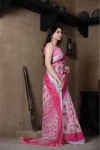 SHYAMIKA Linen Cotton Digital Floral Printed Saree with Blouse