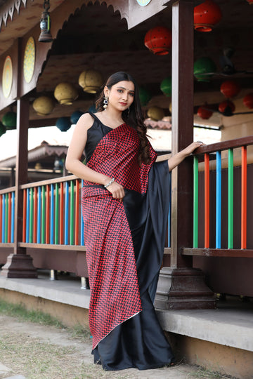 SHYAMIKA Maslin Digital Geometric Printed Red & Black Saree with Blouse