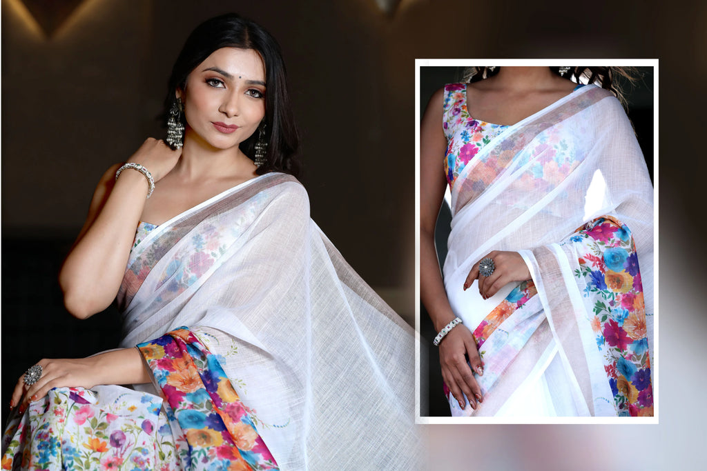 SHYAMIKA Linen Cotton Digital Floral Printed Saree with Blouse