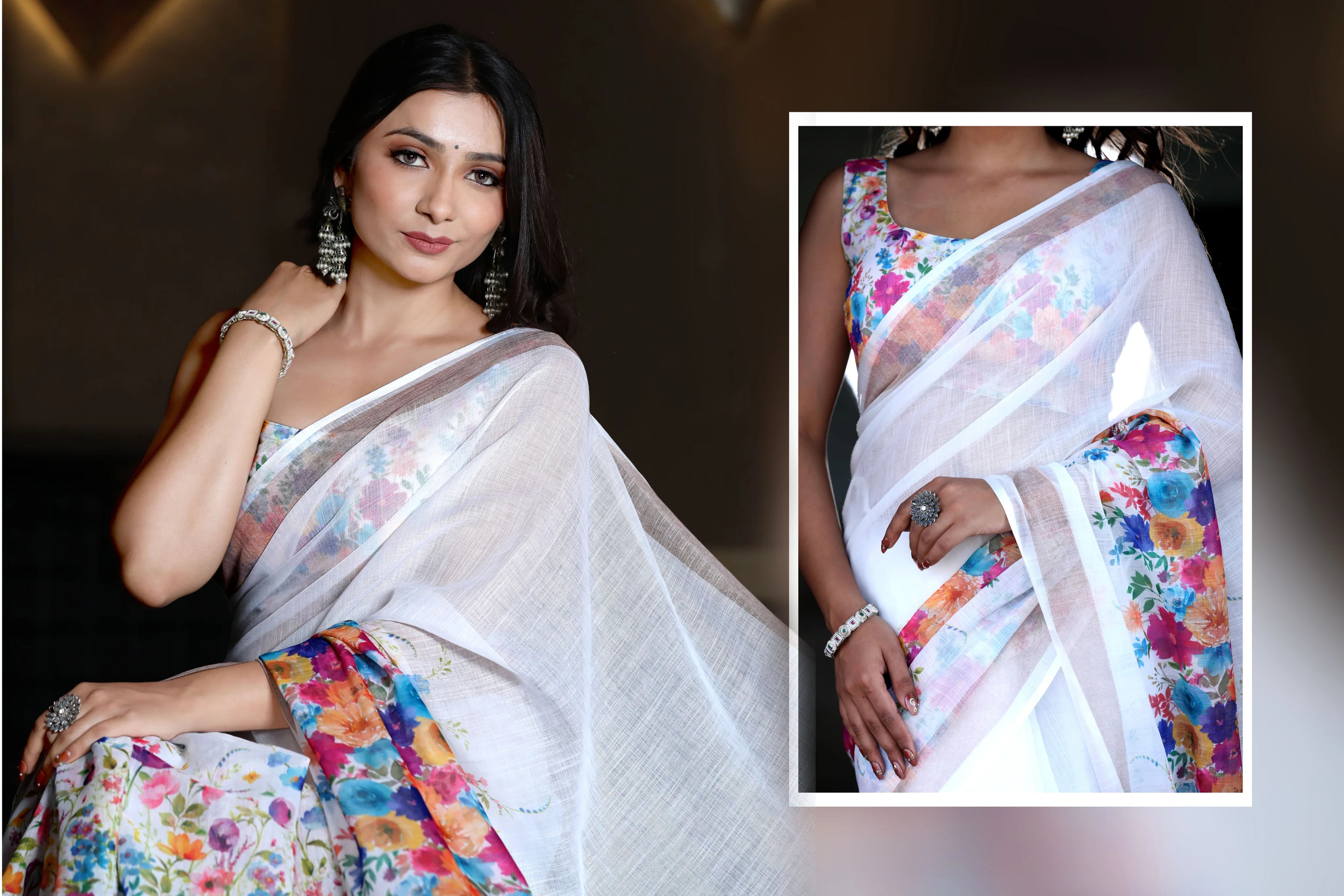 SHYAMIKA Linen Cotton Digital Floral Printed Saree with Blouse