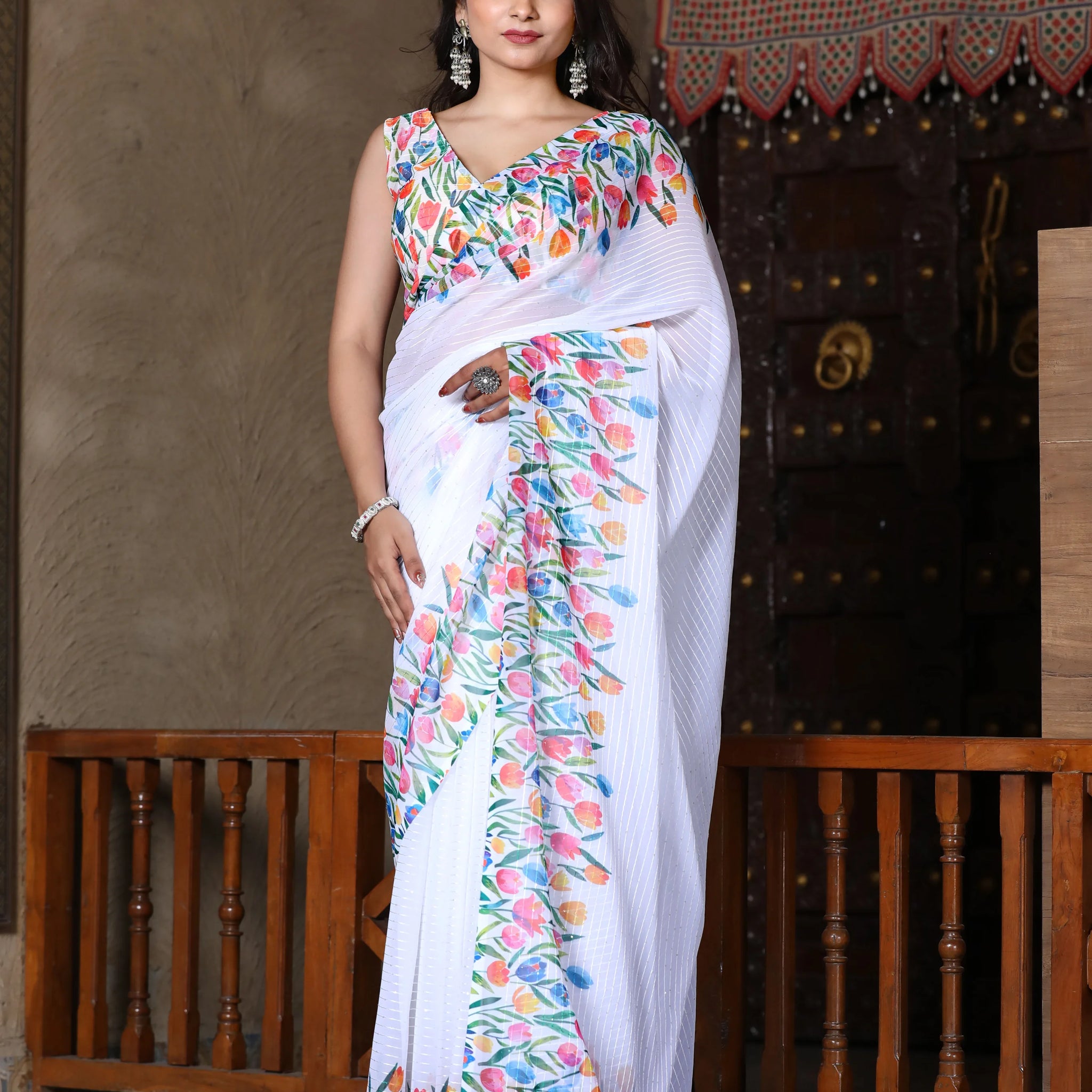 SHYAMIKA Linen Cotton Multicolor Floral Digital Printed Saree with Blouse