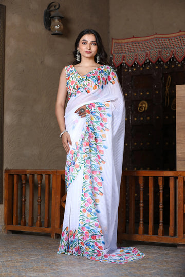 SHYAMIKA Linen Cotton Multicolor Floral Digital Printed Saree with Blouse