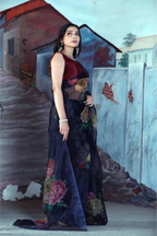 SHYAMIKA Linen Cotton Floral Digital Printed Blue Saree with Blouse