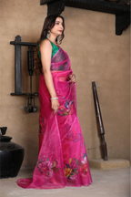 SHYAMIKA Linen Cotton Floral Digital Printed Pink Saree with Blouse