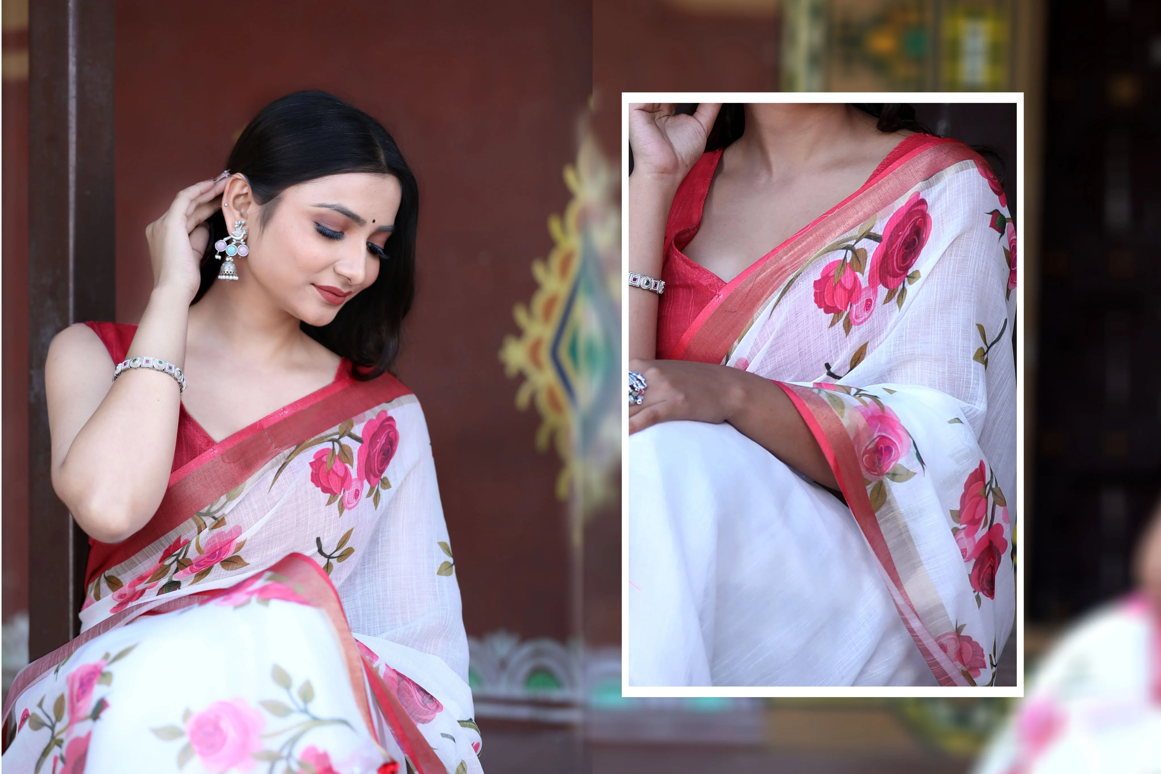 SHYAMIKA Khadi Cotton Digital Print Floral Saree with Blouse