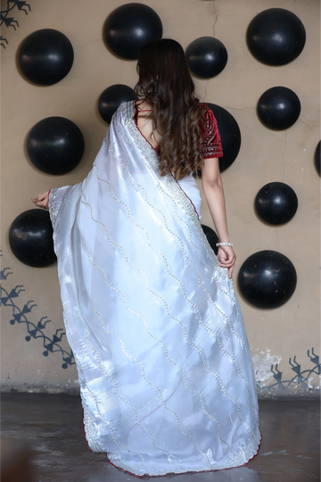 SHYAMIKA Silk Sequence Work White Saree with Blouse