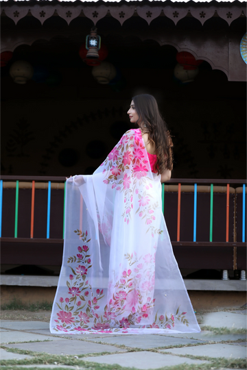 SHYAMIKA Linen Cotton Digital Floral Print Saree with Blouse
