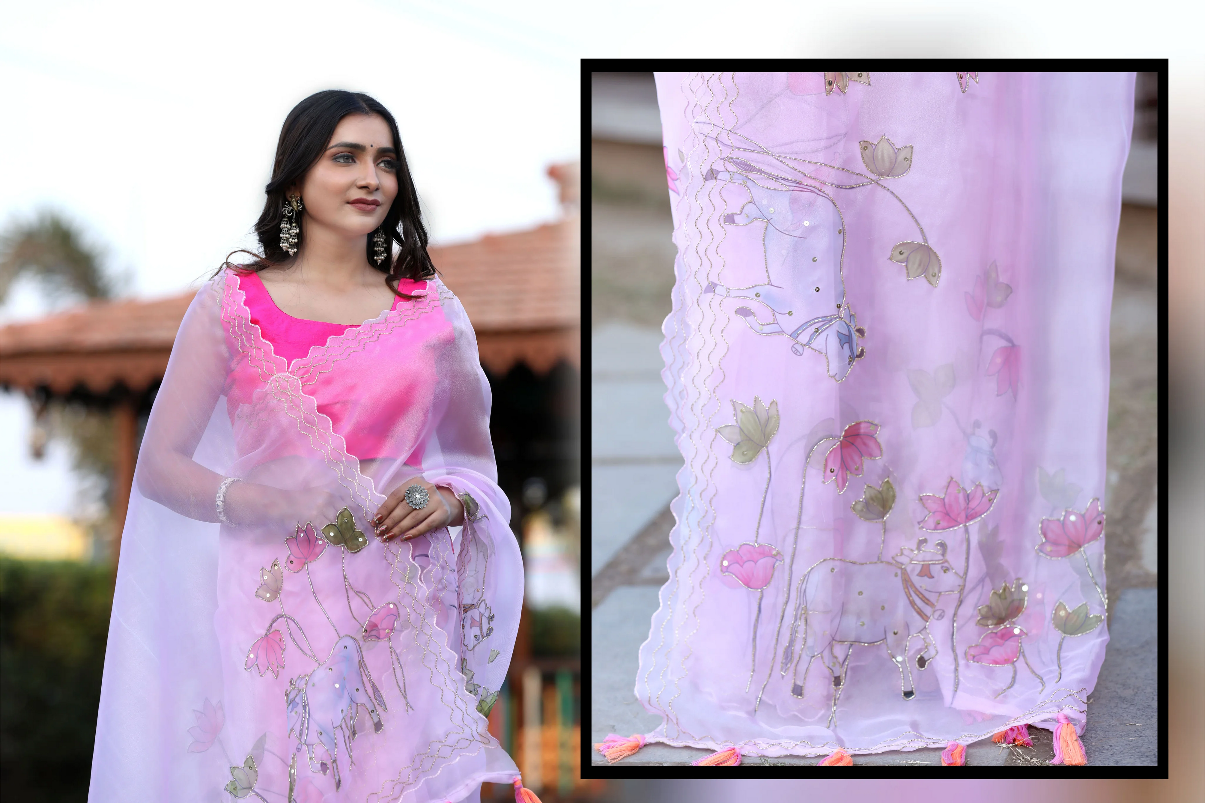 SHYAMIKA Linen Cotton Digital Floral Print Saree with Blouse