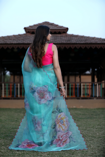 SHYAMIKA Linen Cotton Digital Floral Print Light Blue Saree with Blouse