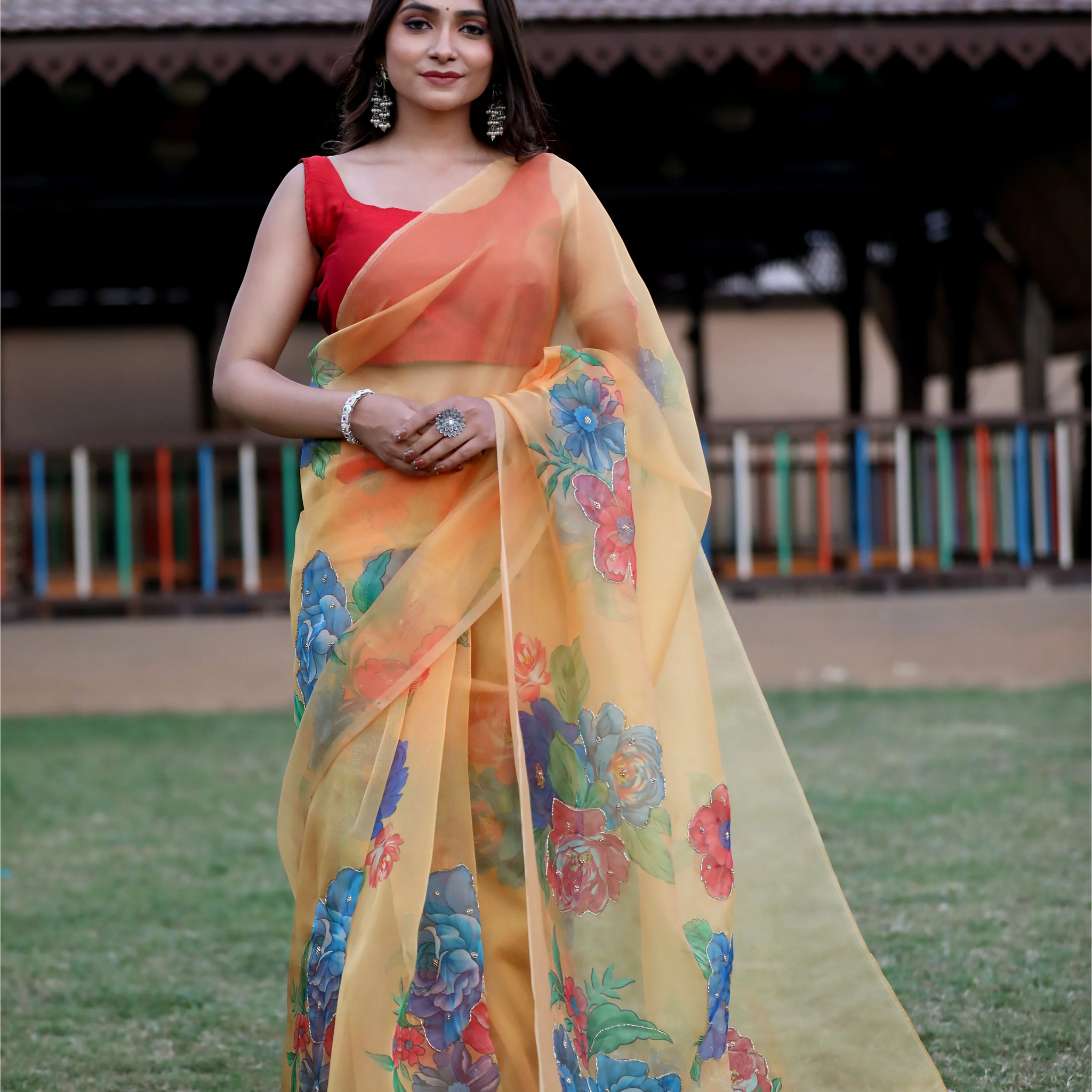 SHYAMIKA Silk Floral Lace Work Orange Saree with Blouse
