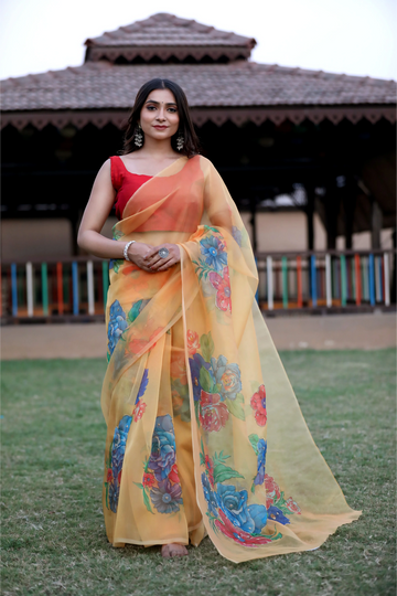 SHYAMIKA Silk Floral Lace Work Orange Saree with Blouse