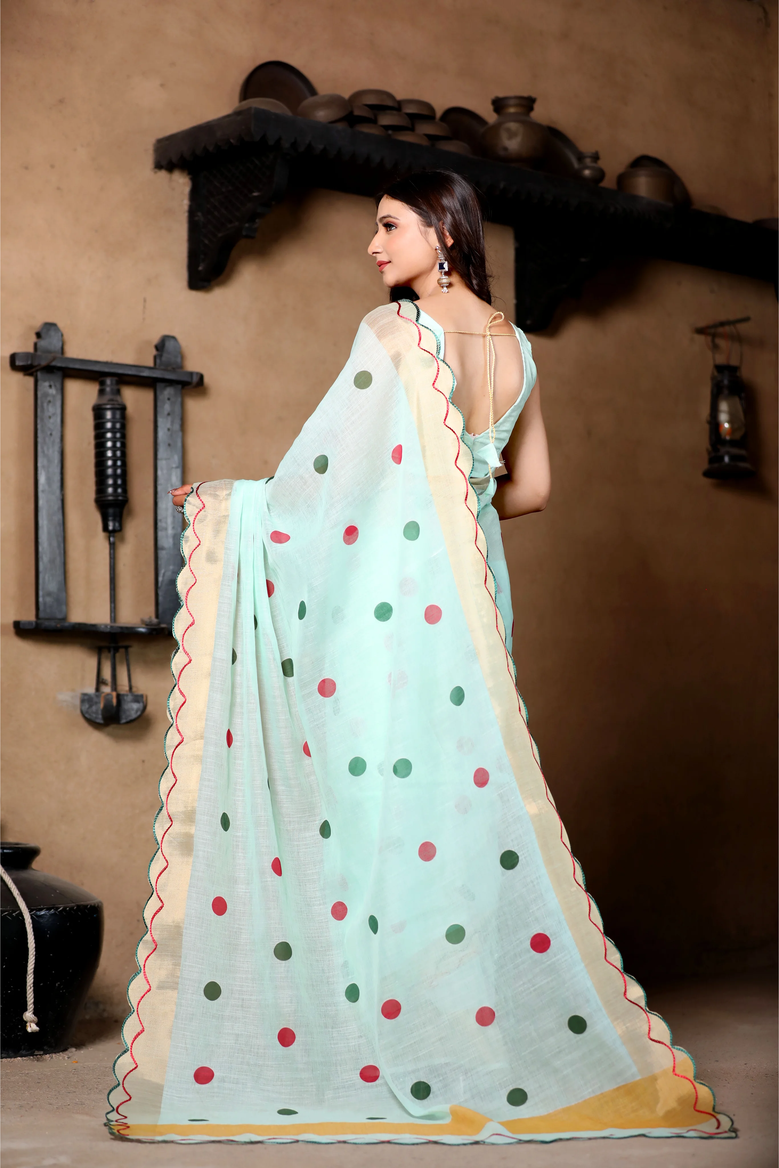 SHYAMIKA Light Blue Khadi Cotton Digital Print Saree with Blouse
