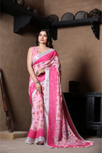 SHYAMIKA Linen Cotton Digital Floral Printed Saree with Blouse