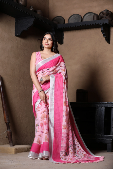 SHYAMIKA Linen Cotton Digital Floral Printed Saree with Blouse