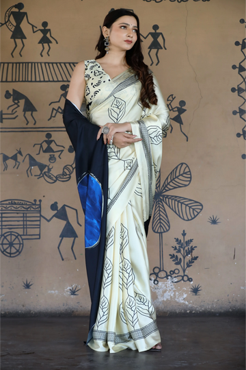 SHYAMIKA Maslin Digital Leaf Print Saree with Blouse