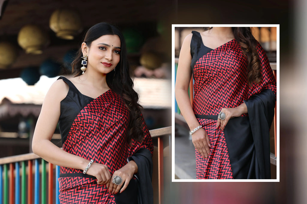 SHYAMIKA Maslin Digital Geometric Printed Red & Black Saree with Blouse