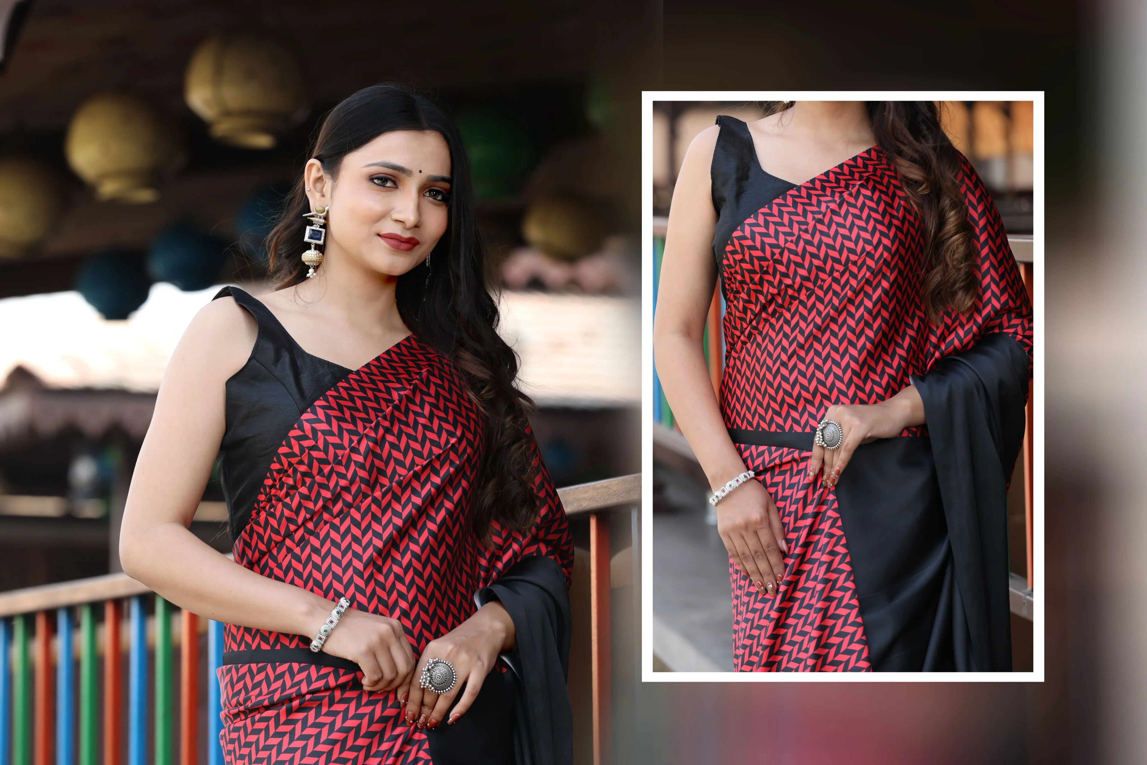 SHYAMIKA Maslin Digital Geometric Printed Red & Black Saree with Blouse