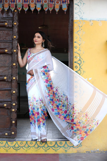 SHYAMIKA Linen Cotton Digital Floral Printed Saree with Blouse
