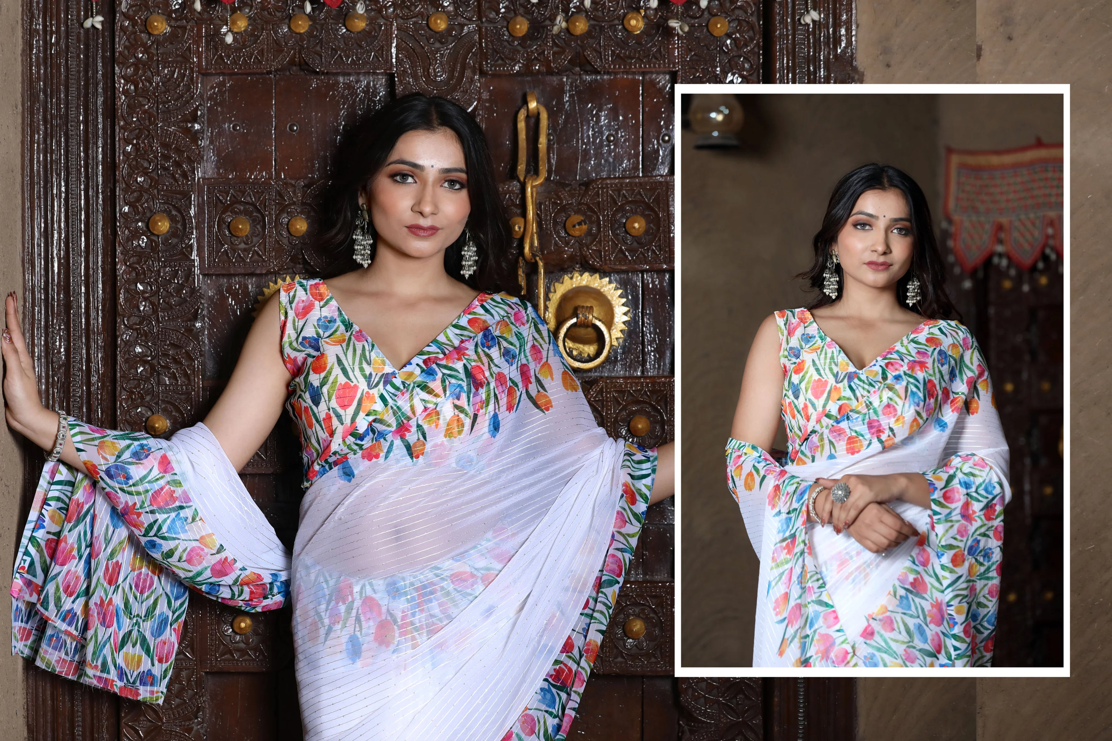 SHYAMIKA Linen Cotton Multicolor Floral Digital Printed Saree with Blouse