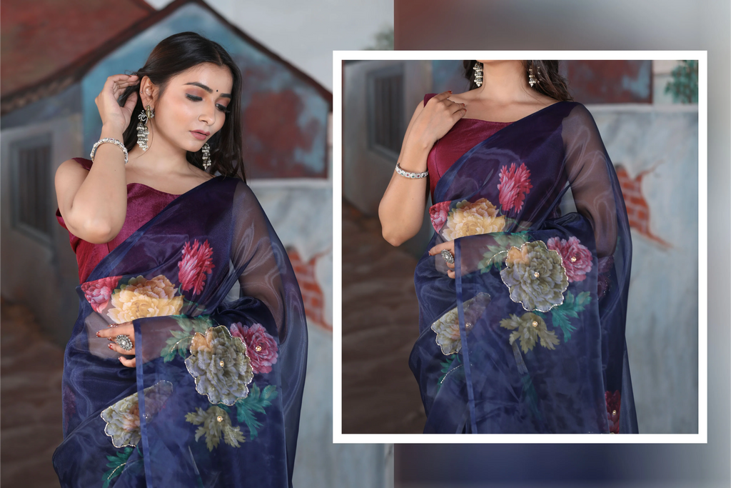 SHYAMIKA Linen Cotton Floral Digital Printed Blue Saree with Blouse